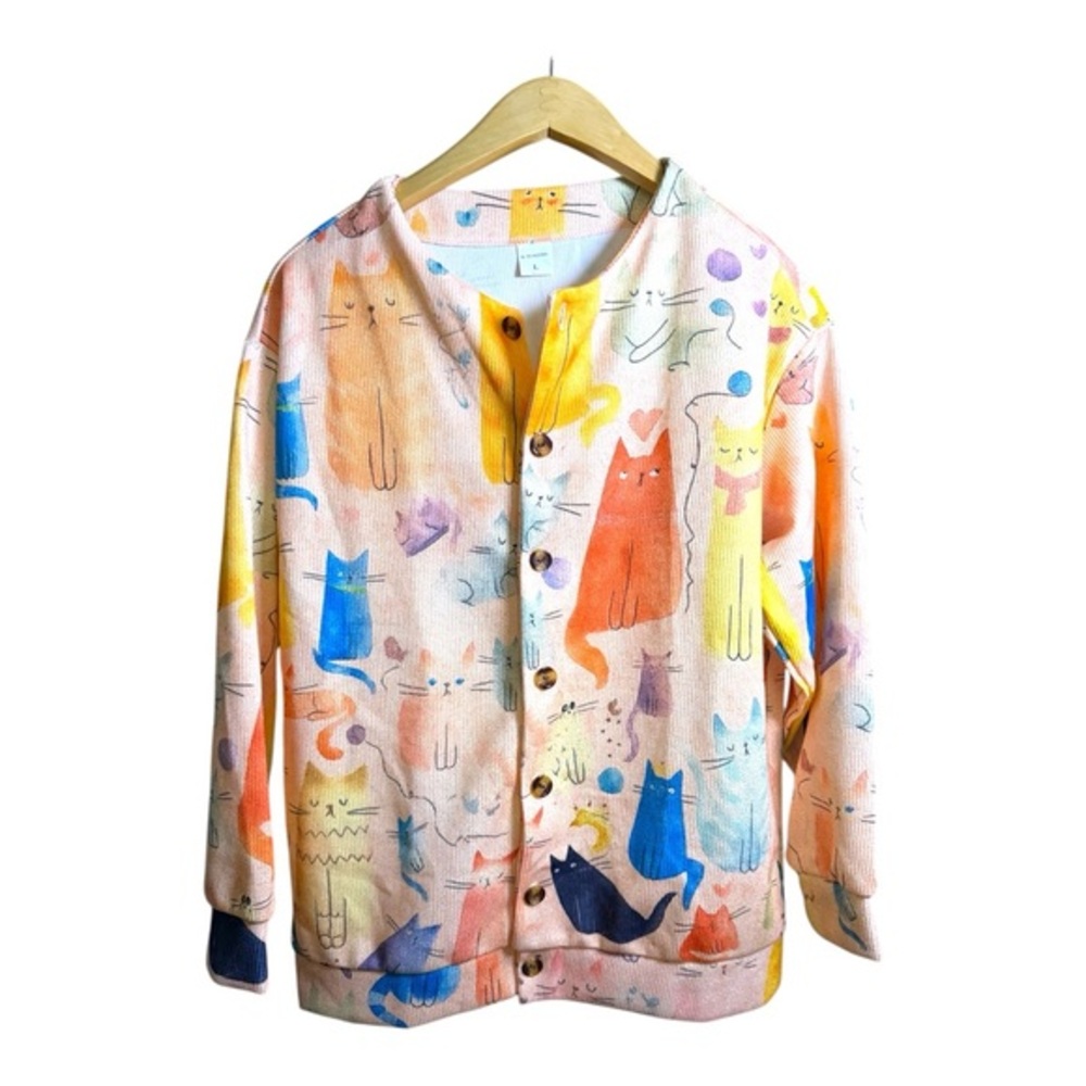 Whimsical Cat Print Button Front Cardigan Sweater Size Large Cozy Playful